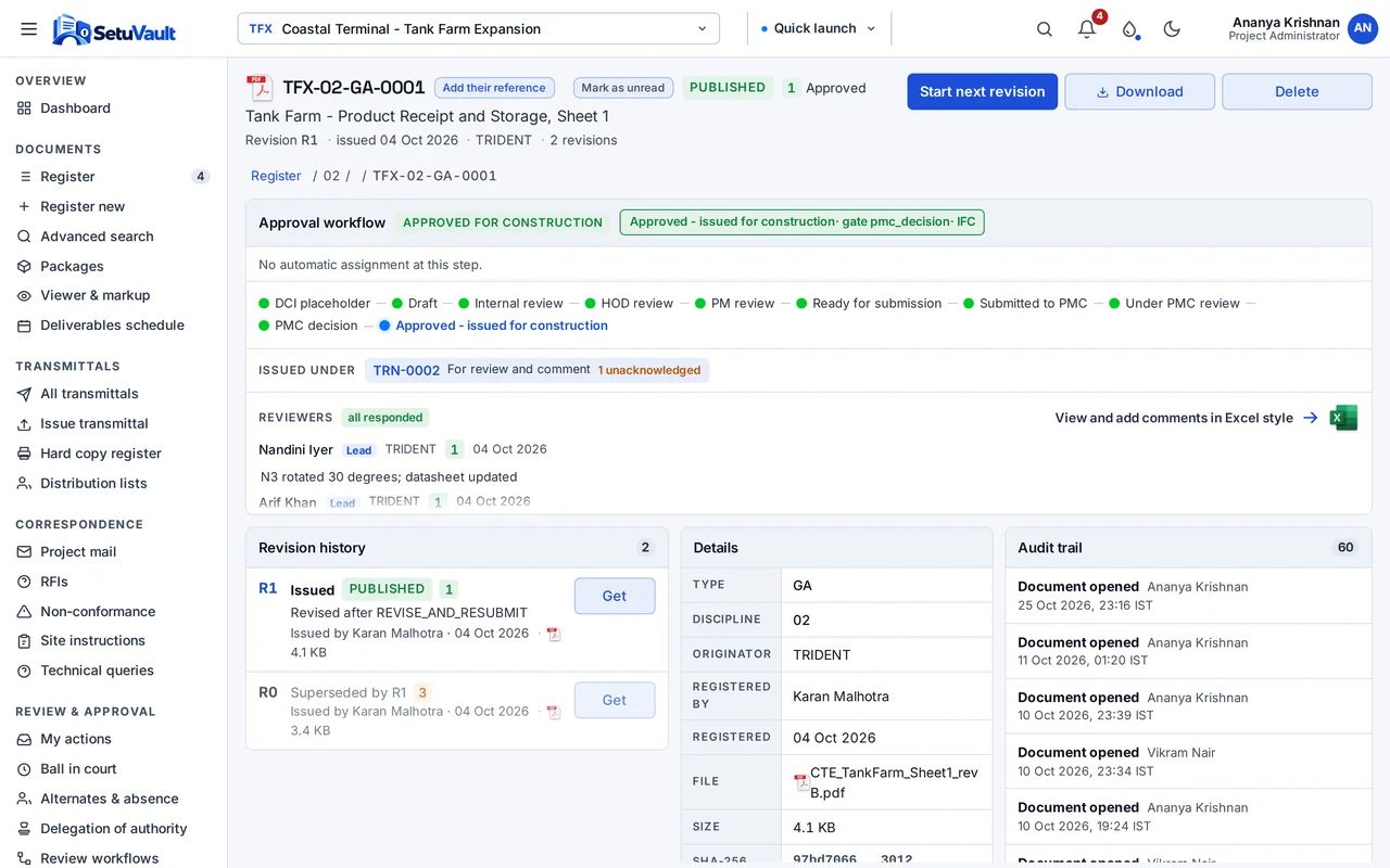 A document page showing its approval workflow stepper, reviewers, revision history and audit trail.