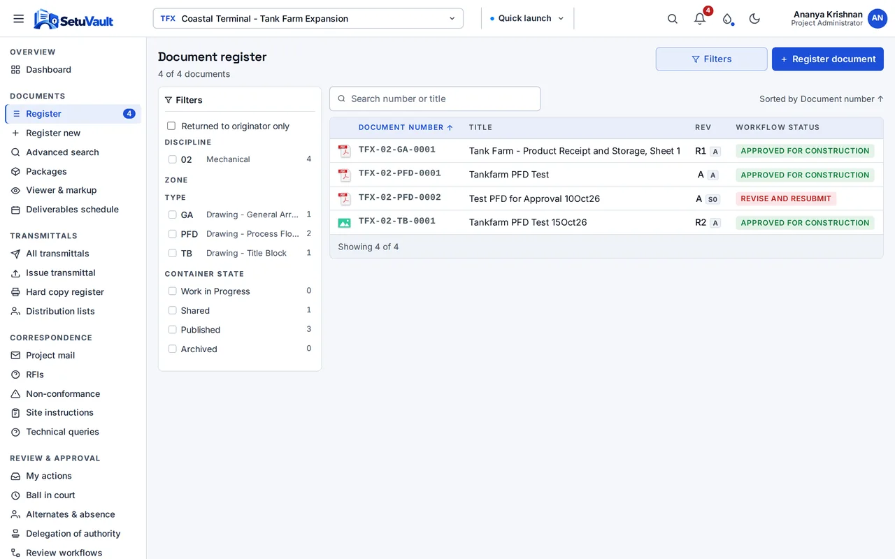 The controlled document register with filters, revisions and approval status.