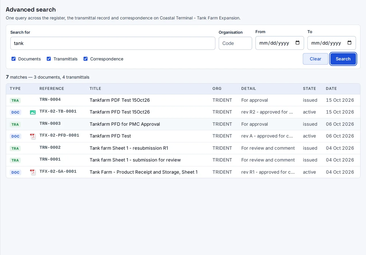 Search across documents, transmittals and correspondence returns matches from the record in one list.