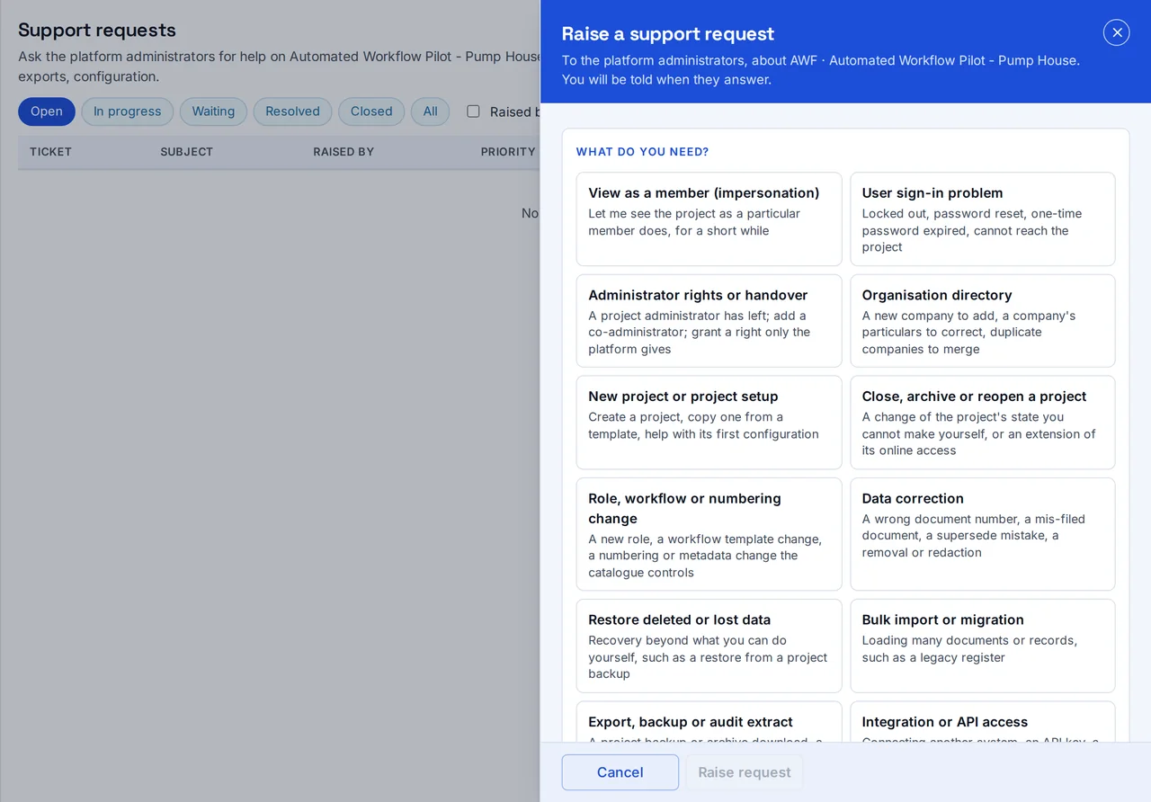 Raising a support request: pick a category and the form asks for what the desk needs.